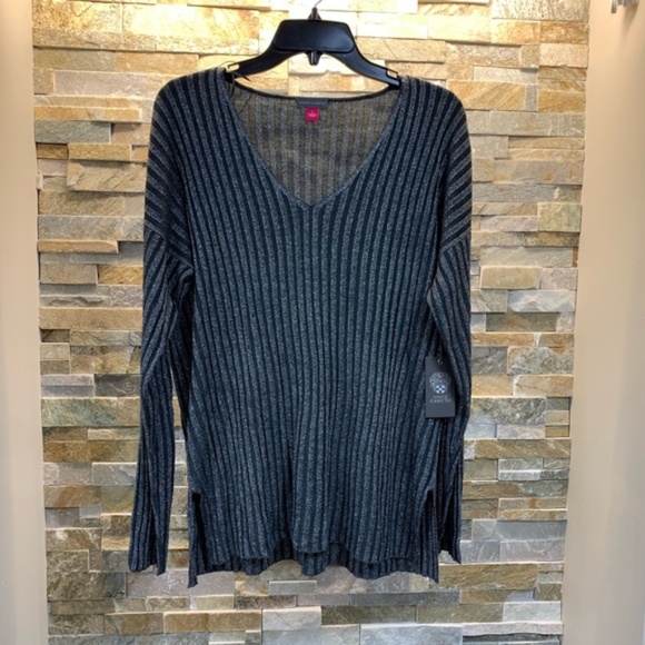 Vince Camuto Metallic Stripe V-Neck Sweater - Picture 3 of 5